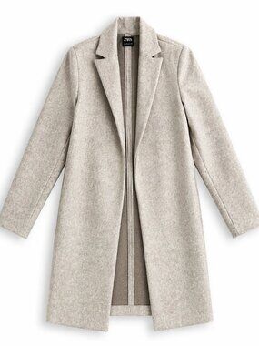 ZARA Beige Wool Blend Coat Small – Open Front Longline Minimalist Jacket